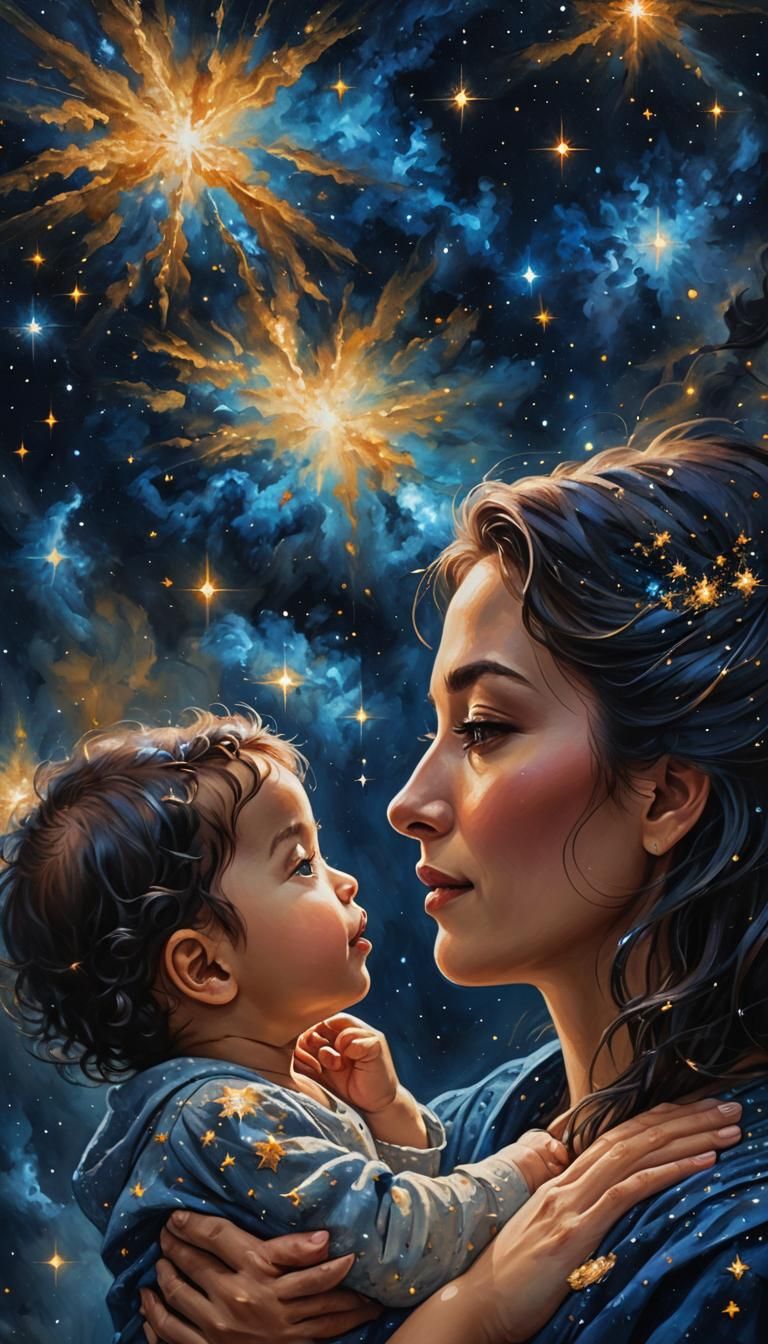 Neo-Impressionist Mother and Child Under Starry Sky