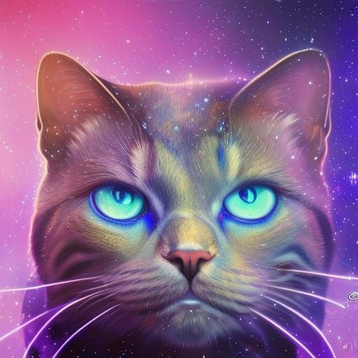 Cosmic Cat Portrait in Art Nouveau Style