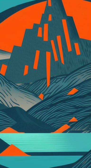 Cubist Waterfall and Mountains in Woodblock Print Style