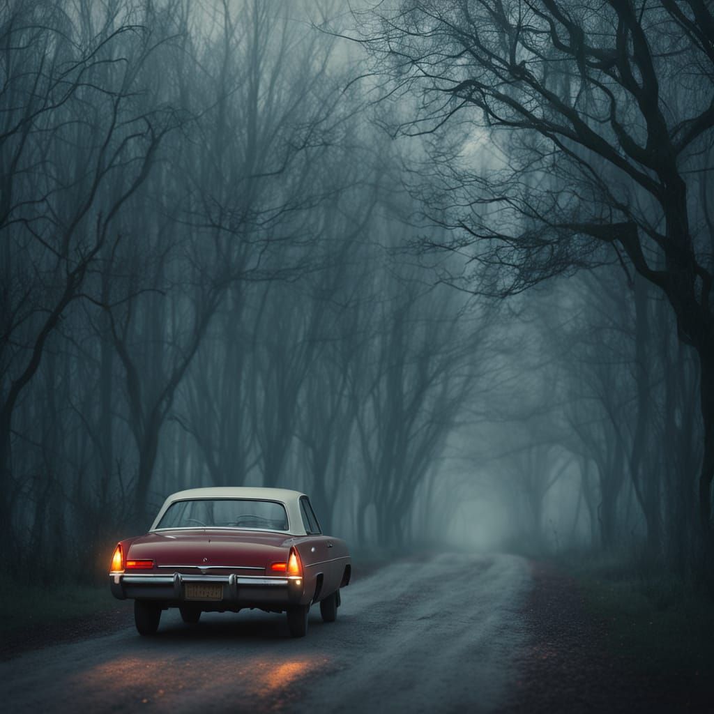 Red Car Illuminates Mysterious Figure on Foggy Country Road
