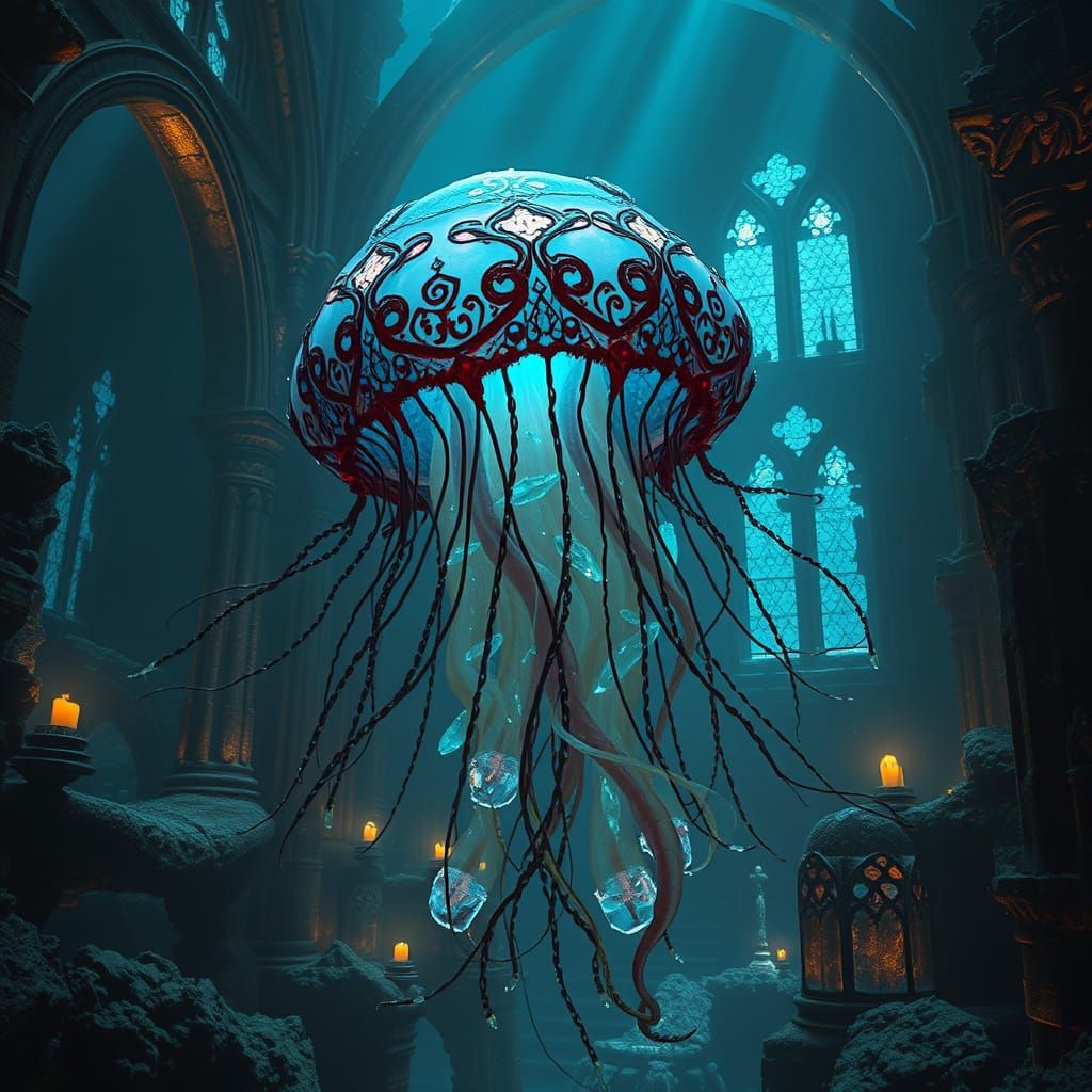 Bioluminescent Jellyfish Drifting Through Sunken Cathedral R...