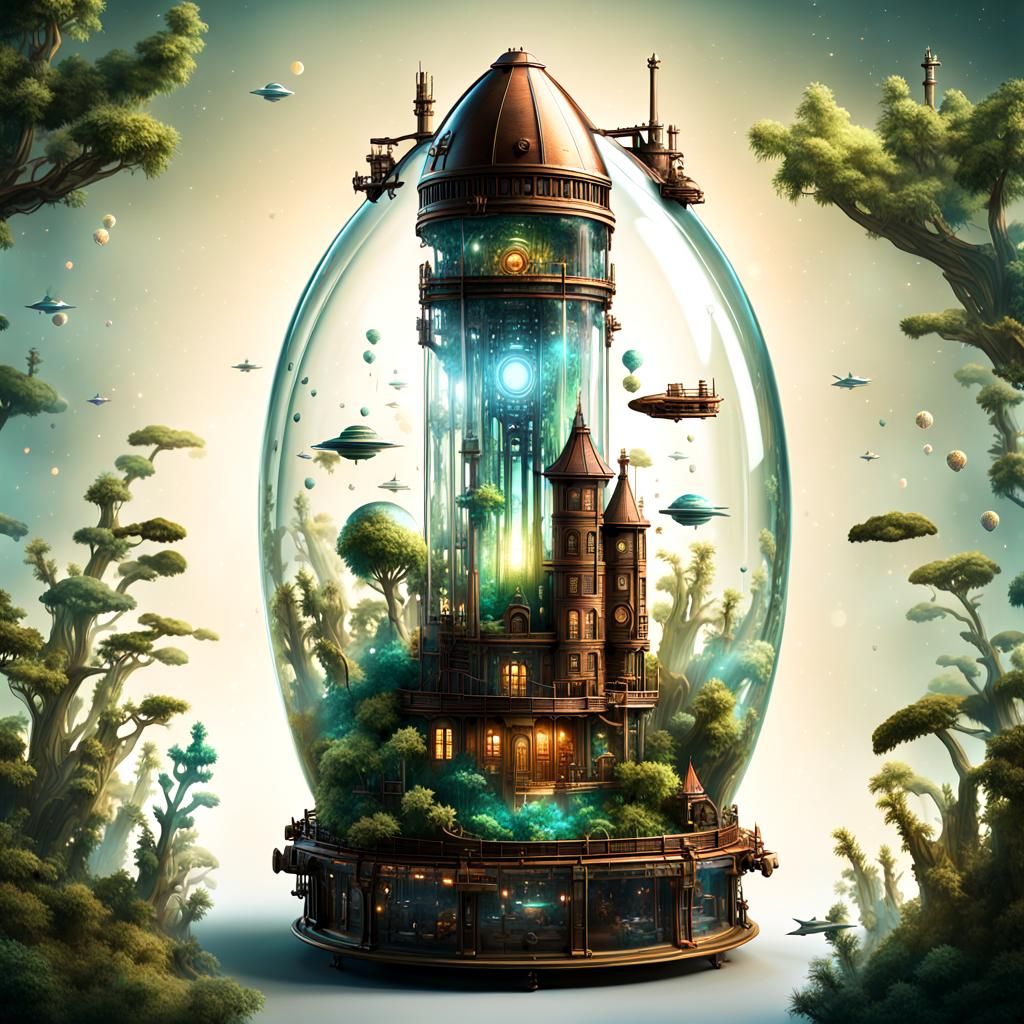 Steampunk Glass Rocket Drifting Through Space