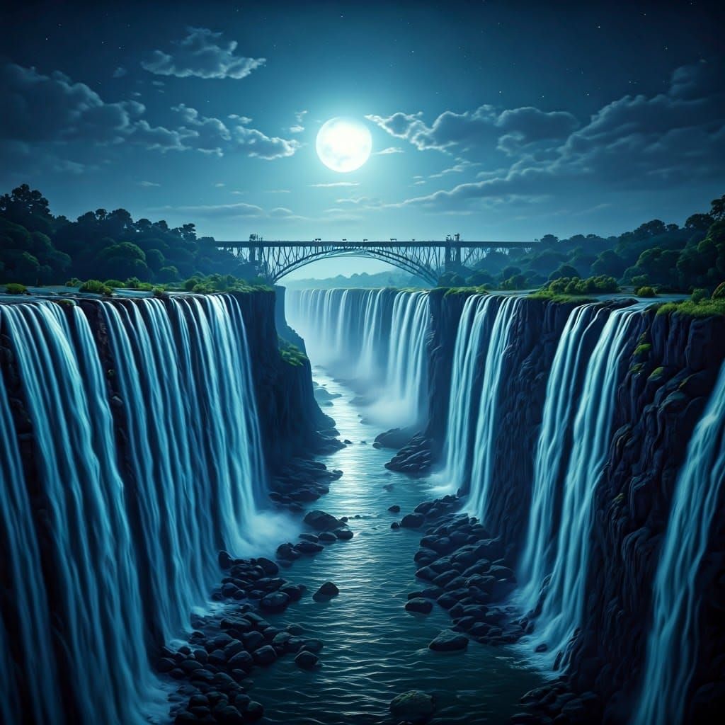 Epic Victoria Falls at Night, Glowing Blue Waterfalls