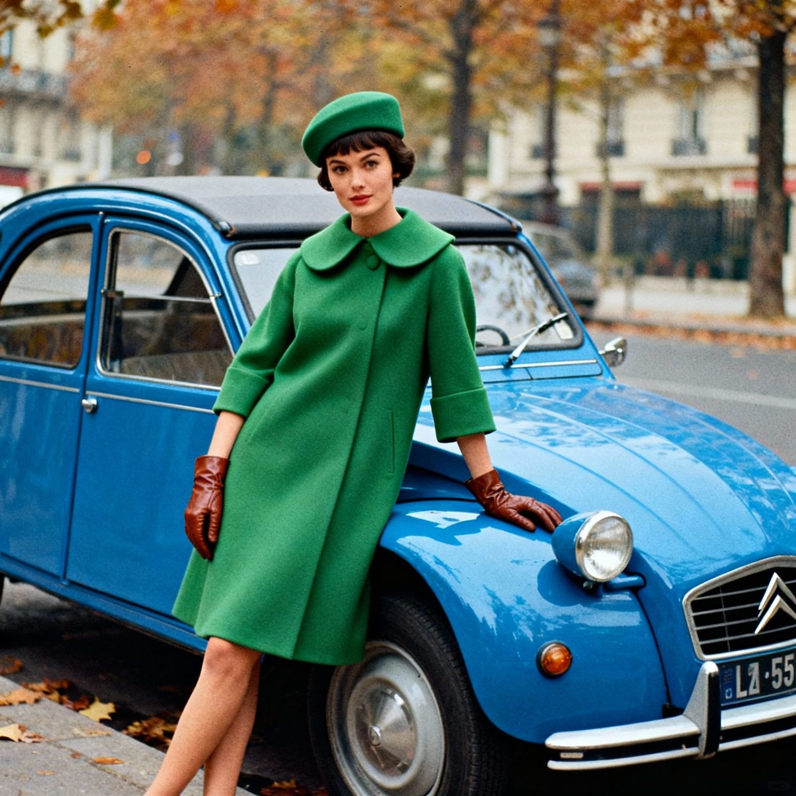 Stylish Model in Green Coat with Blue Citroen in Paris