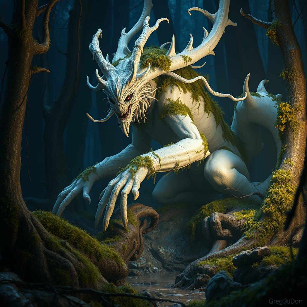 Moss Creature in Dark Forest, Detailed Fantasy Art