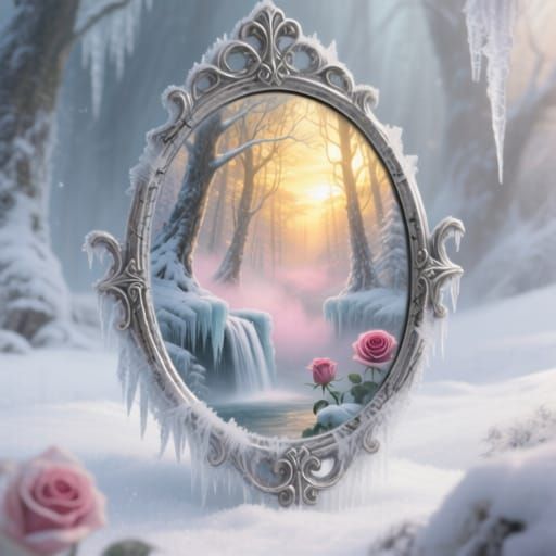 Gothic Mirror Reflects Icy Forest at Sunset