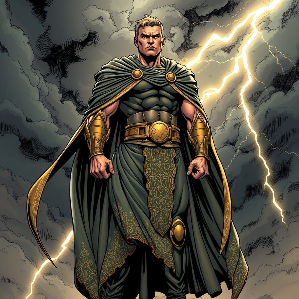 Confident Hero Dominates Stormy Skies in Comic Book Style