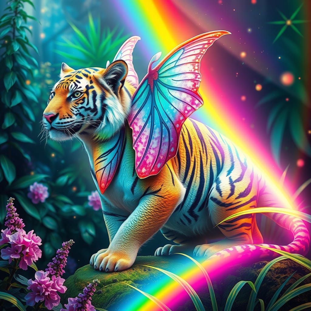 Majestic Fairy Dragon Tiger in Vibrant, Prismatic Realism