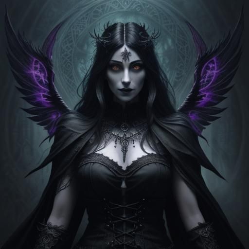 "A dark Magic fairy Woman, very large intricately detailed wings. Surrounded by illuminated alchemical sigils, Magic peg...