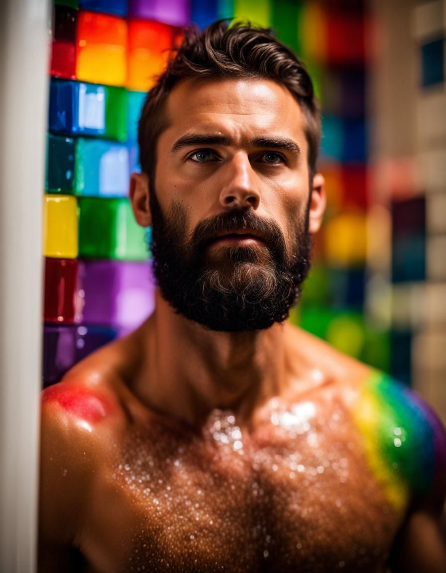 Attractive Man Exits Rainbow Tiled Shower