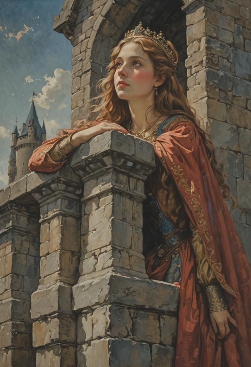 Renaissance Princess in Castle Tower Gazing Skyward