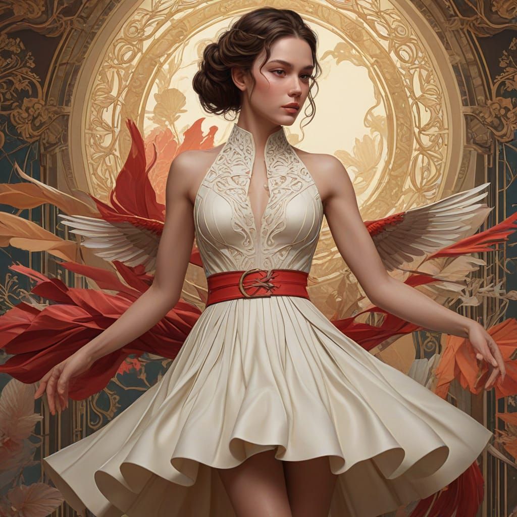 Elegant Woman in Recycled Paper Dress with Swallows