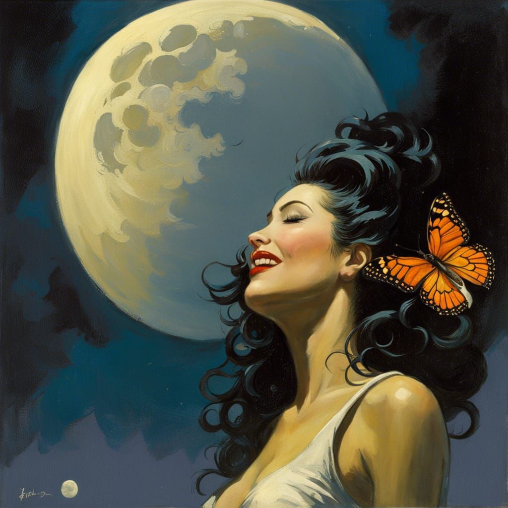 Woman Touched by Butterfly Kiss Under Moon