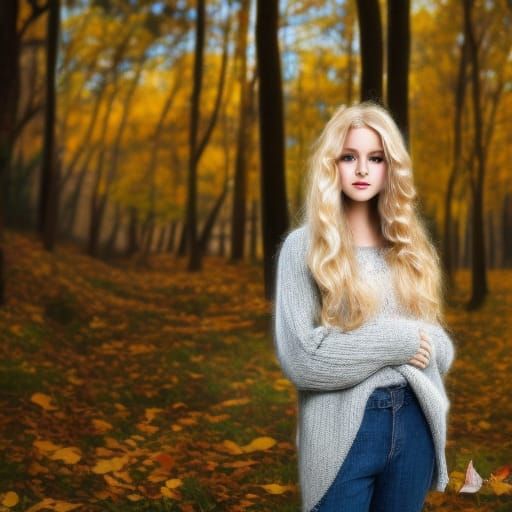 Attractive Blonde in Autumn Woods: Hyperdetailed Portrait