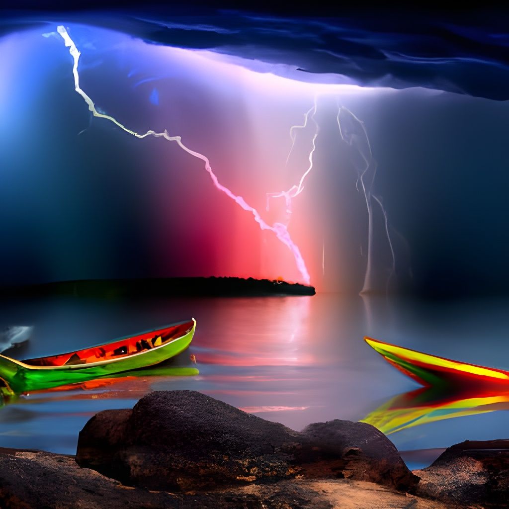 Romantic Boats with Neon Rain and Lightning Arcs