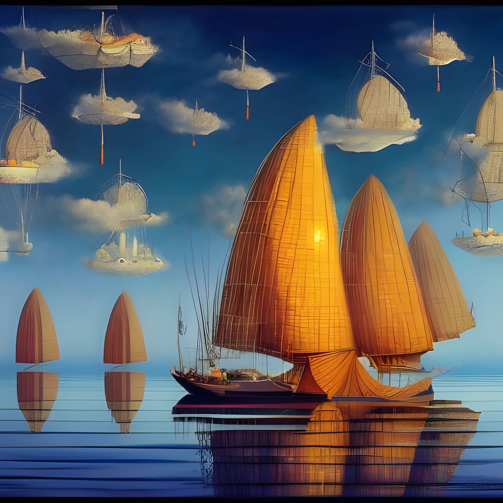 Vietnamese Junk on Glassy Water in Surreal Style