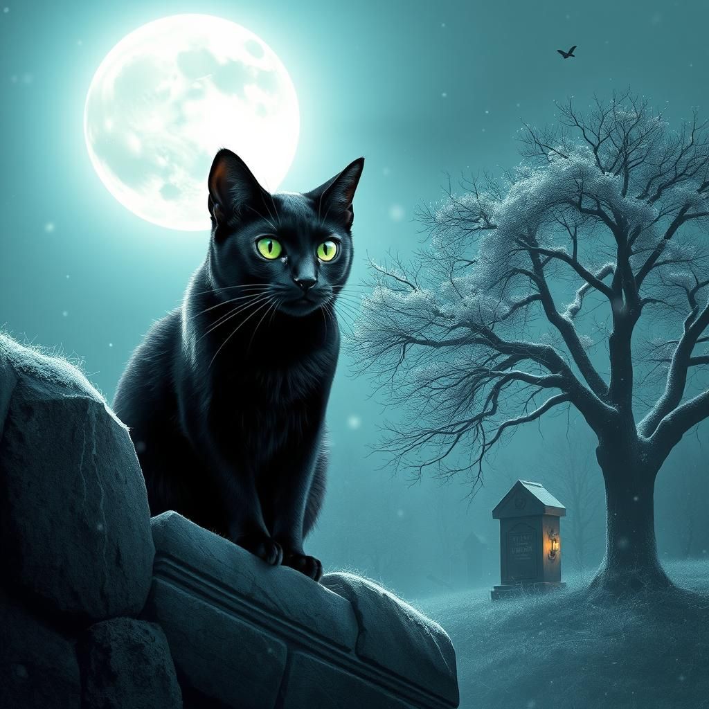 Black Cat on Stone Wall Under Moonlight