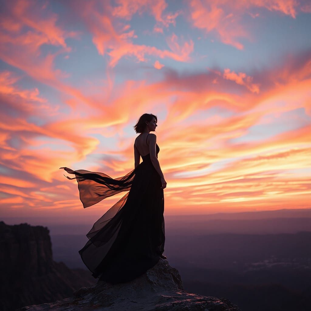 Woman on Cliff at Sunset in Dystopian Style