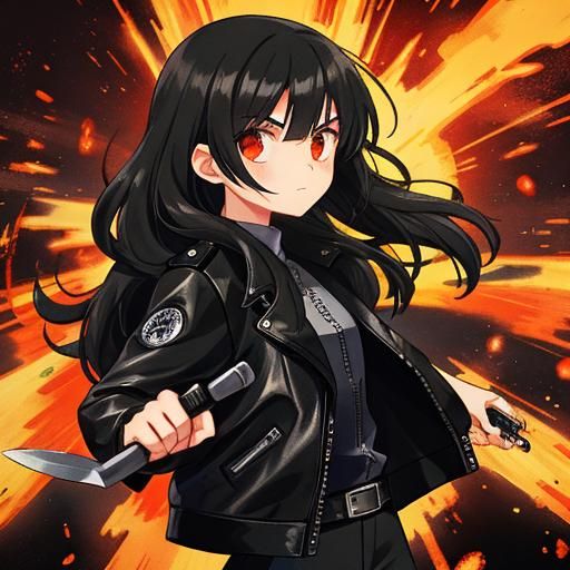 Girl with Knife in Burning Landscape