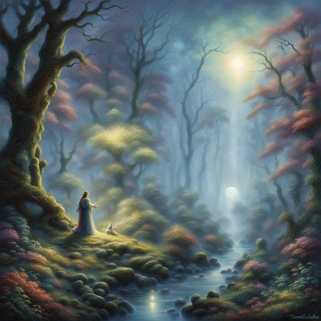 Ethereal Alien Figure in Misty Forest Landscape