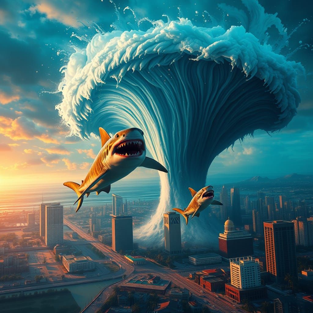 Sharknado Over Los Angeles with Swirling Sharks