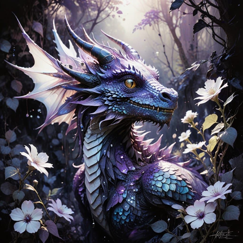 Iridescent Violet Dragon on Branch in Watercolour Style