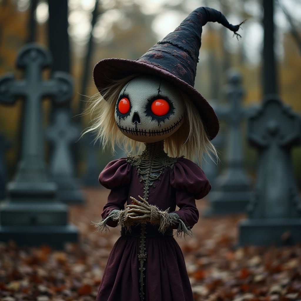 Scarecrow Awakens in Autumn Graveyard