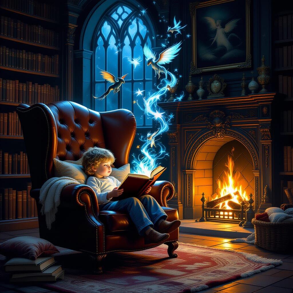 Magical Library Scene with Child and Creatures