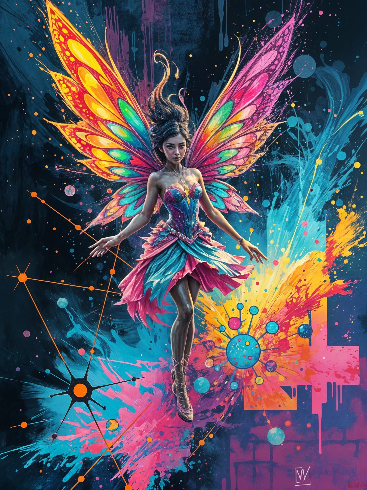 Electronic Fairy Dissipating into Pixel Dust in Graffiti Sty...