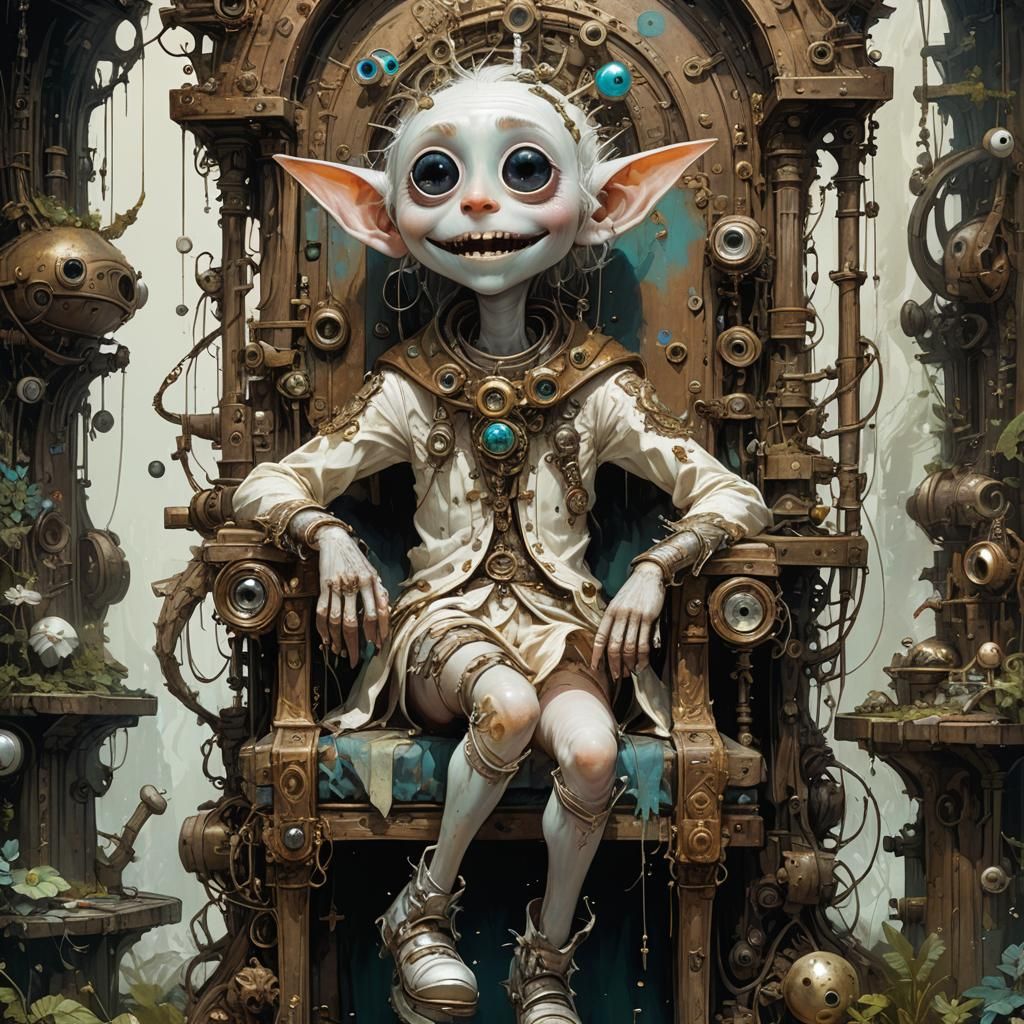 Laughing Machinarium Elf on Throne, Digital Portrait