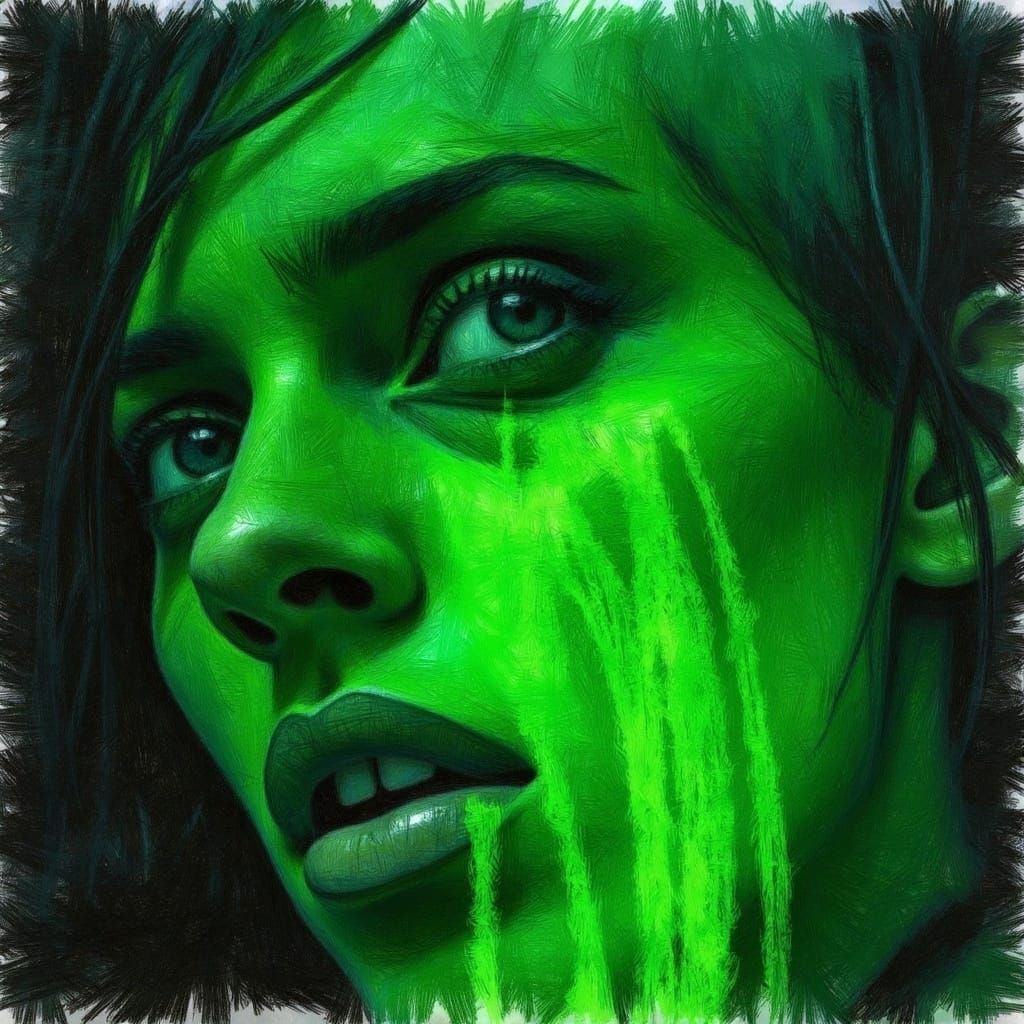 Cyborg Goddess Weeps Neon Tears in Rainy Night