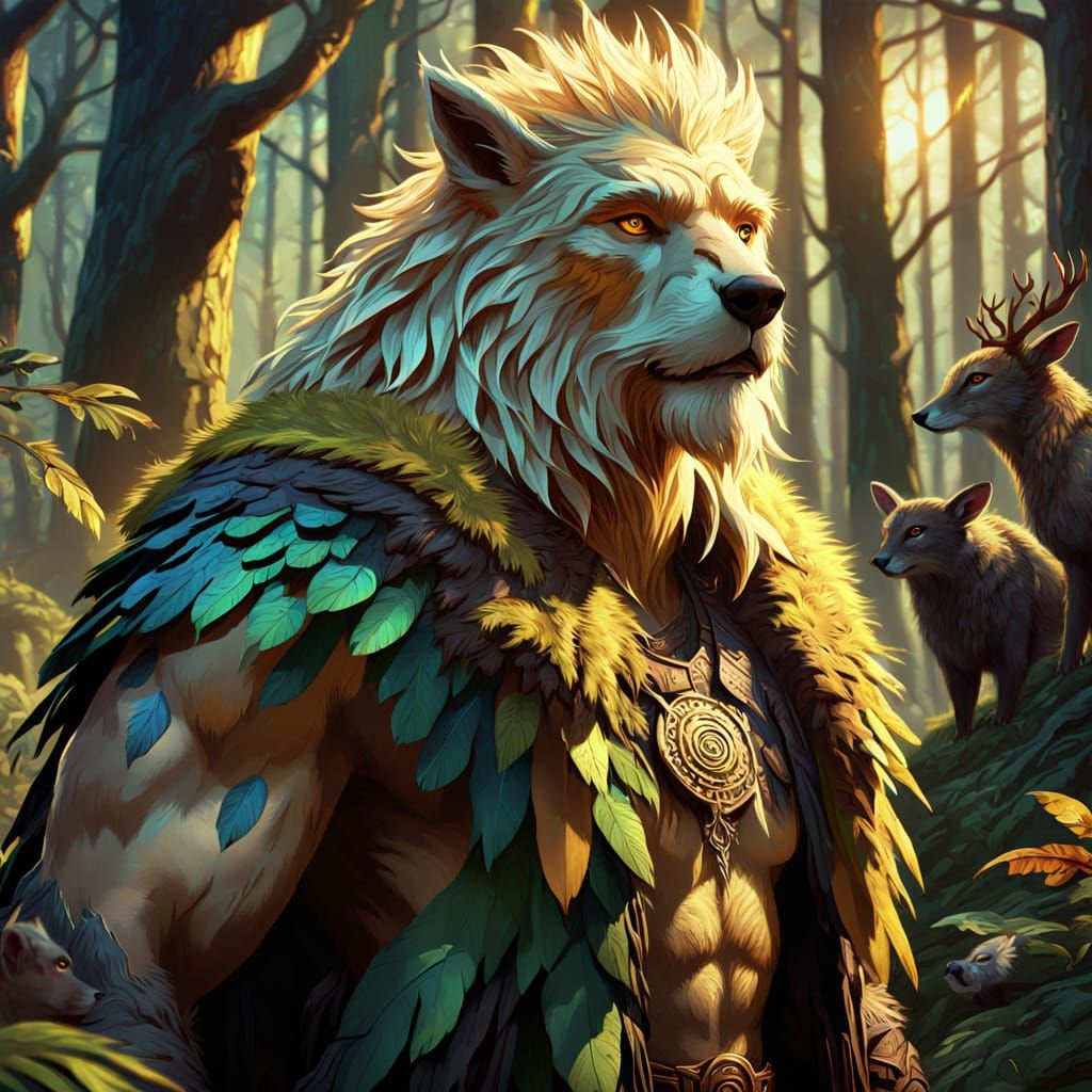Druid Man Surrounded by Forest Animals