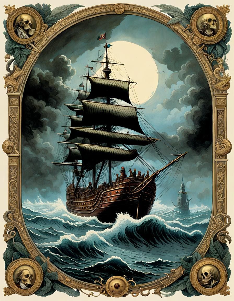 Ghost Pirate Ship Illustration in Heavy Metal Style