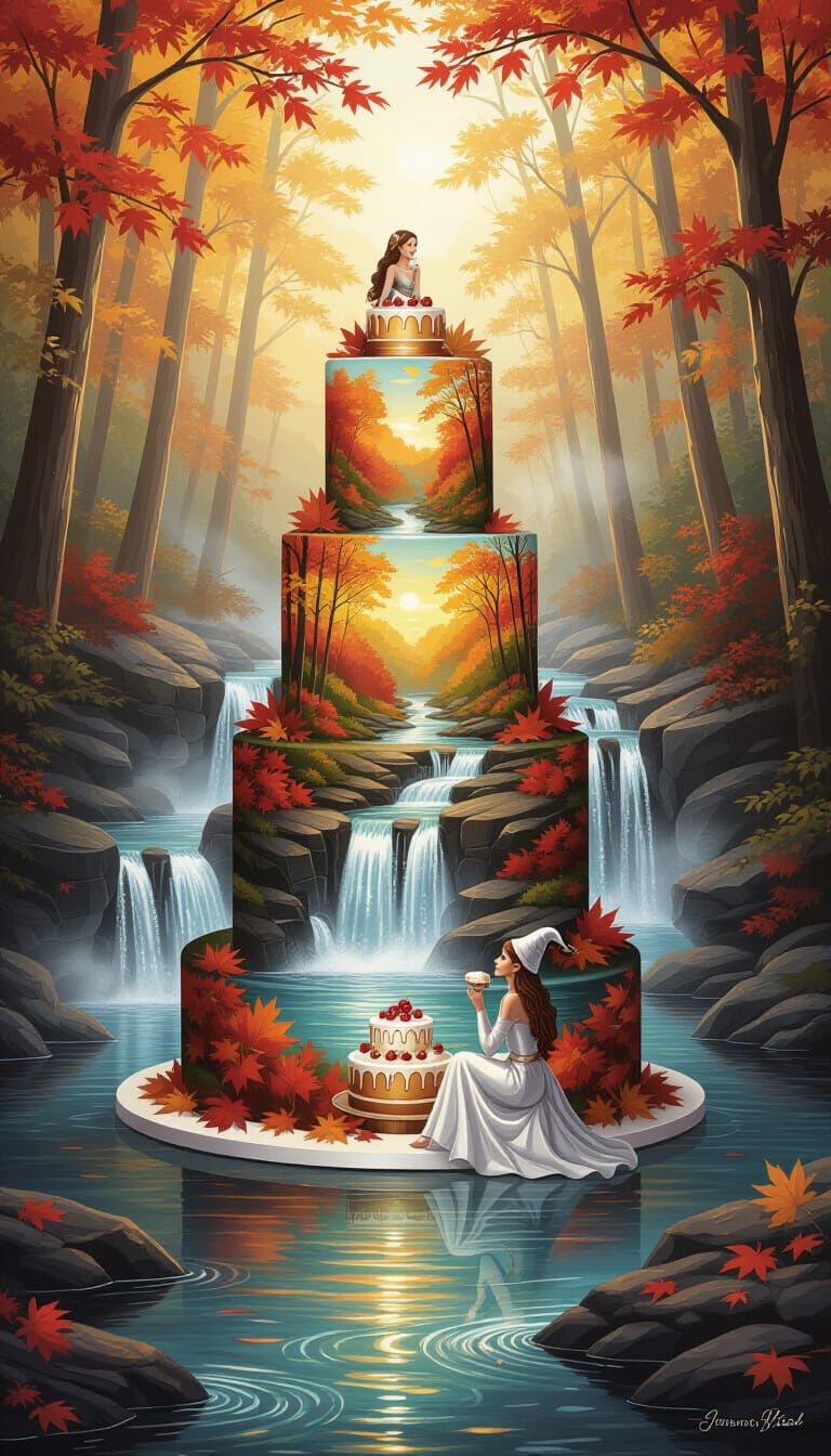 Autumn Waterfall Cake with Forest Scenes and Elf