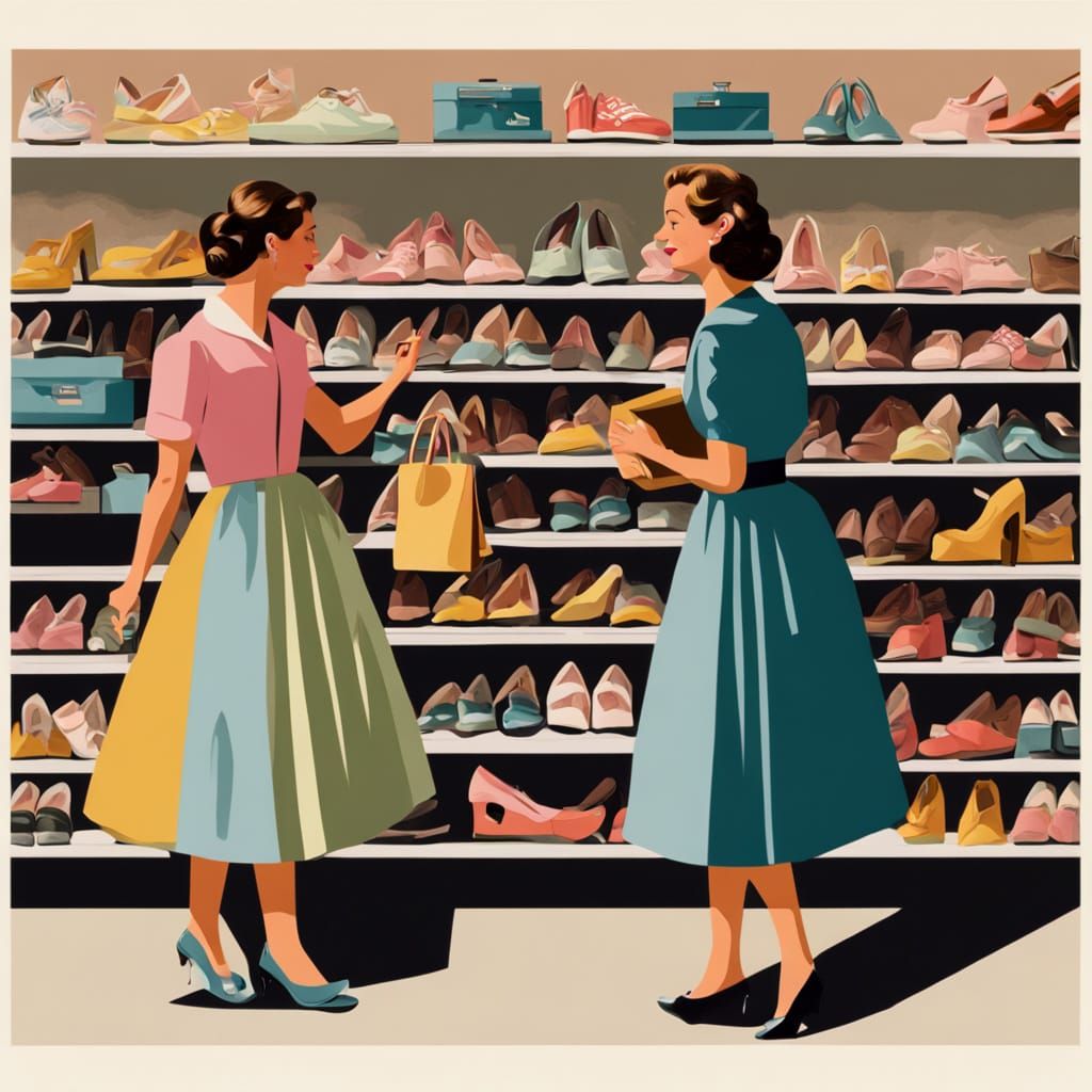 Vintage Housewives Browse High-End Shoes in Soft Pastels