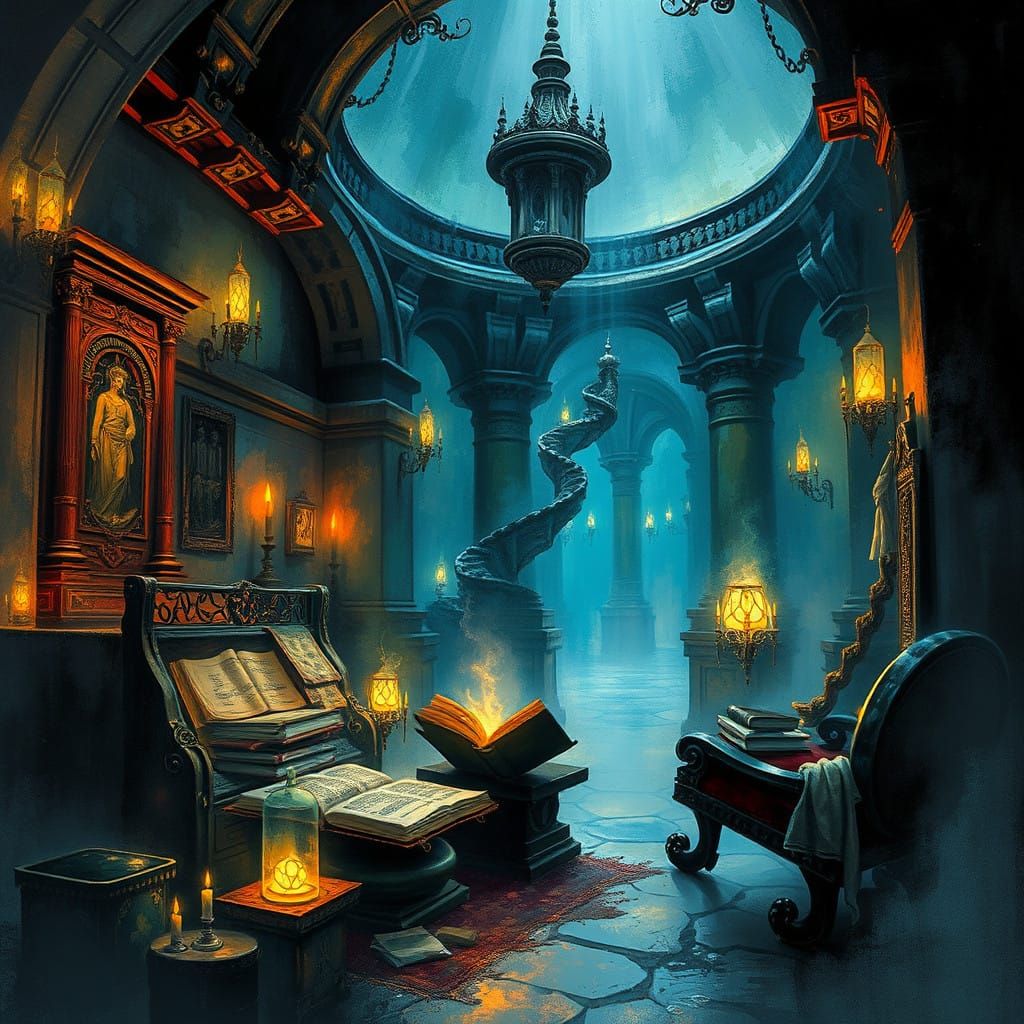 Mystical Chamber of Ancient Tomes and Glowing Artifacts