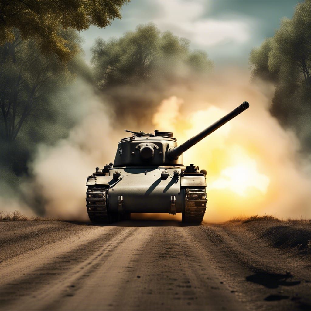 Dystopian WWII Sherman Tank Charging Through Tree Line