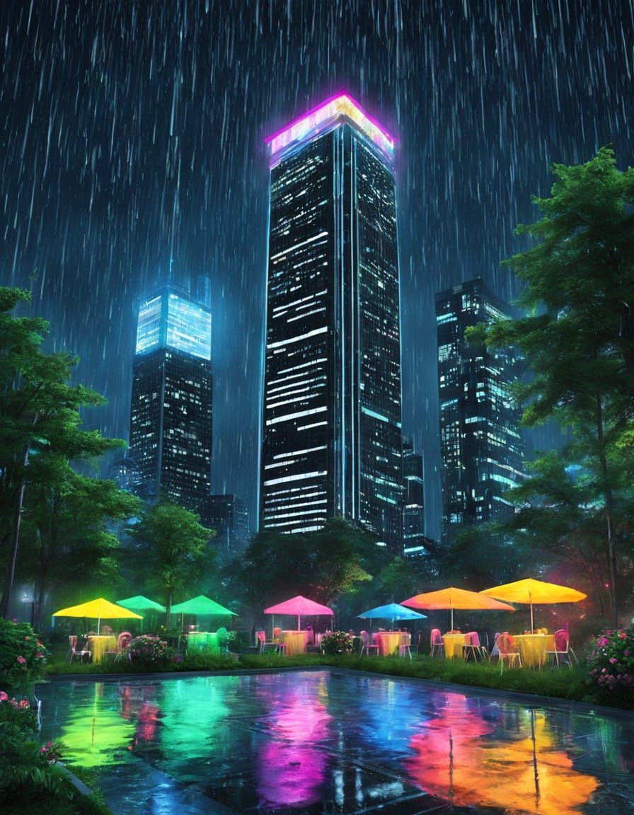 Rainy Neon Night Skyline Party