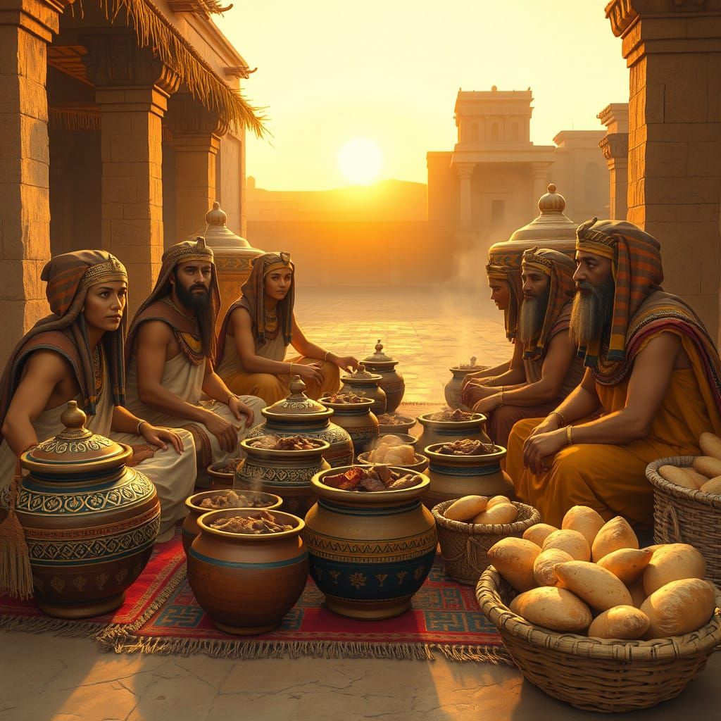 Ancient Egyptian Travelers in Vibrant Marketplace