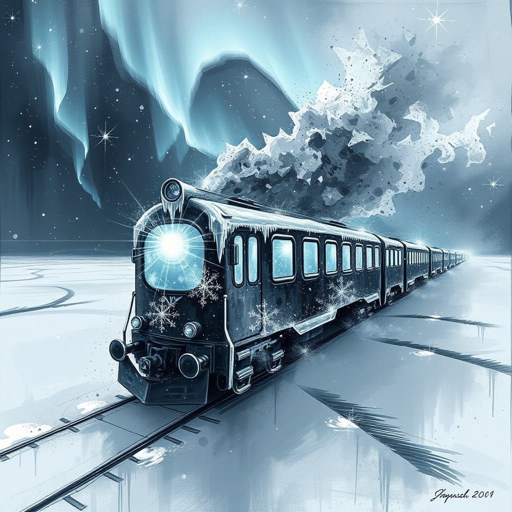 Magical Glowing Train in Aurora Borealis