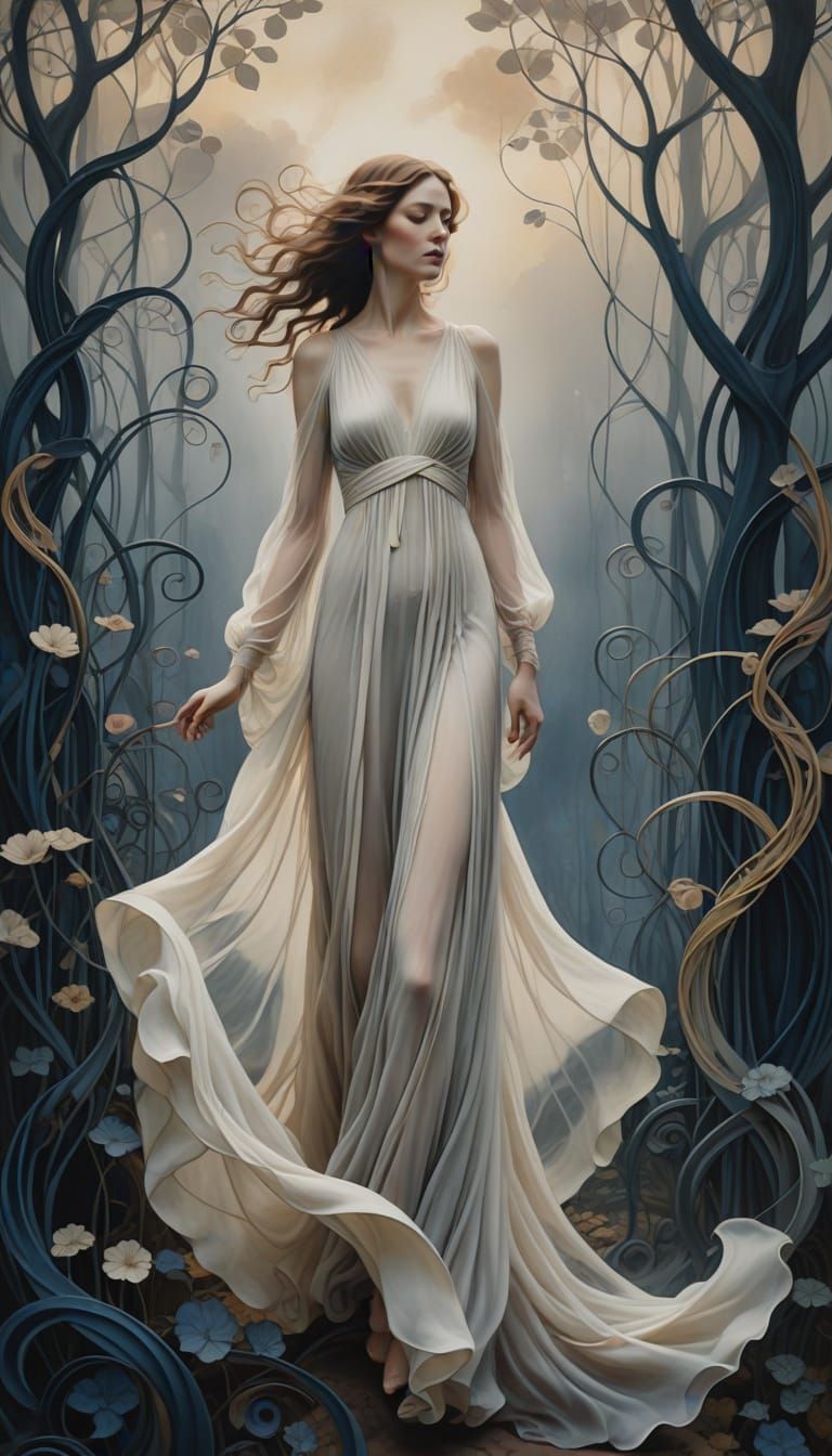 Ethereal Mist Maiden Rises in Surrealist Landscape