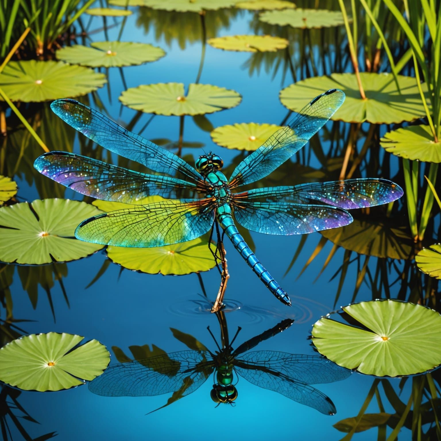 Rainbow Dragonfly Over Crystal Pond: Digital Art
