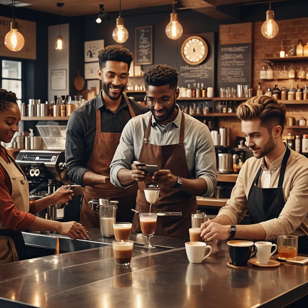 Diverse Team Collaboration in a Modern Cafe-Bar