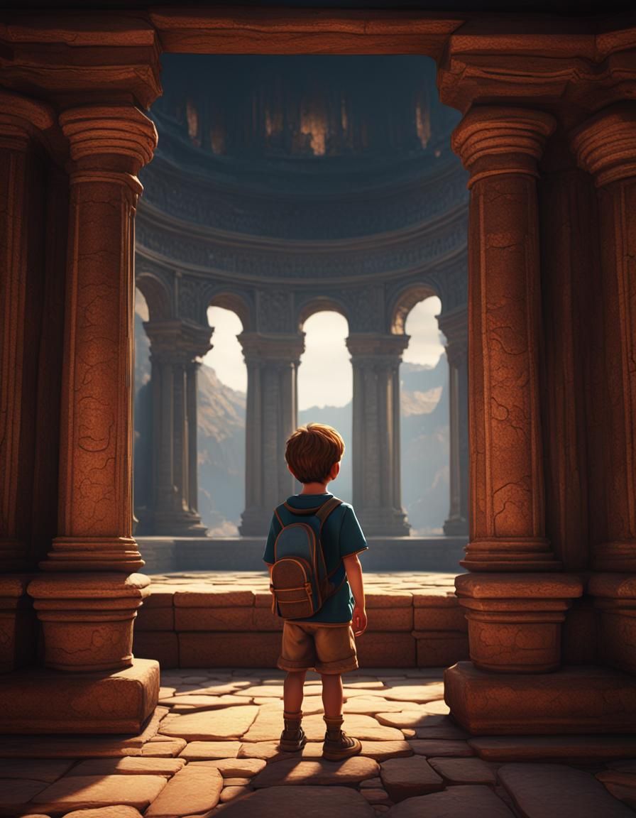 Child in Empty Roman Room: Cartoon Style