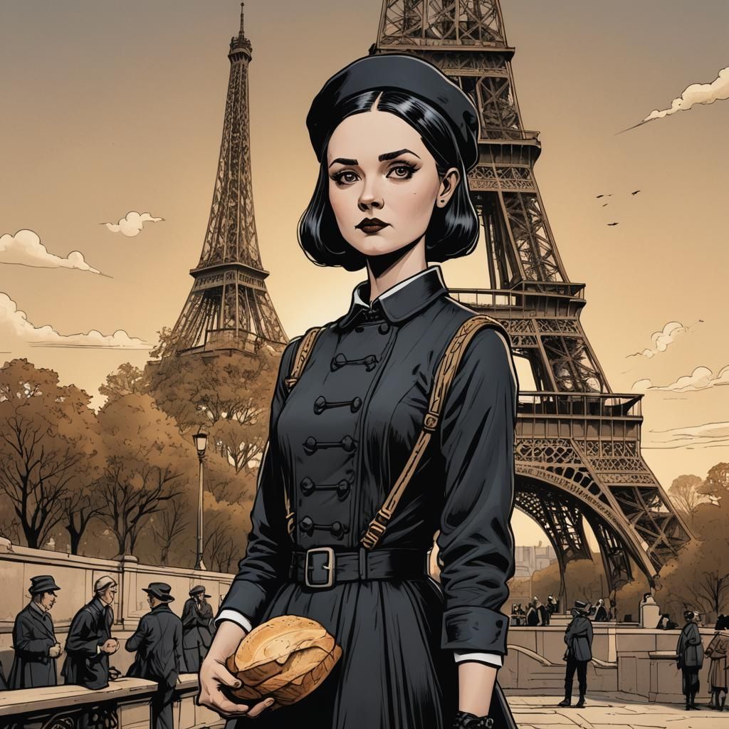Young Miss Wednesday Addams on Holiday in Paris, in front of...
