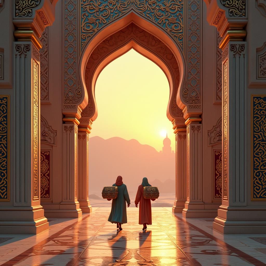 Mystical Arabian Architecture with Figures in Digital Art