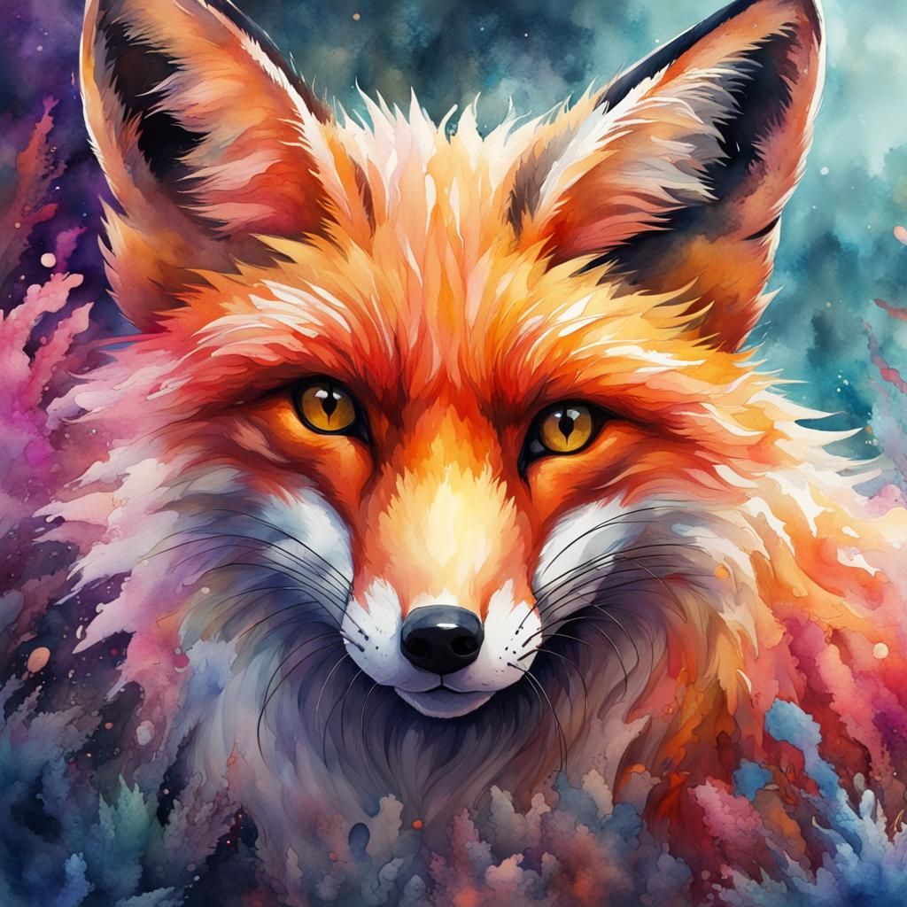 Colorful Fox Watercolor Fantasy Concept Art