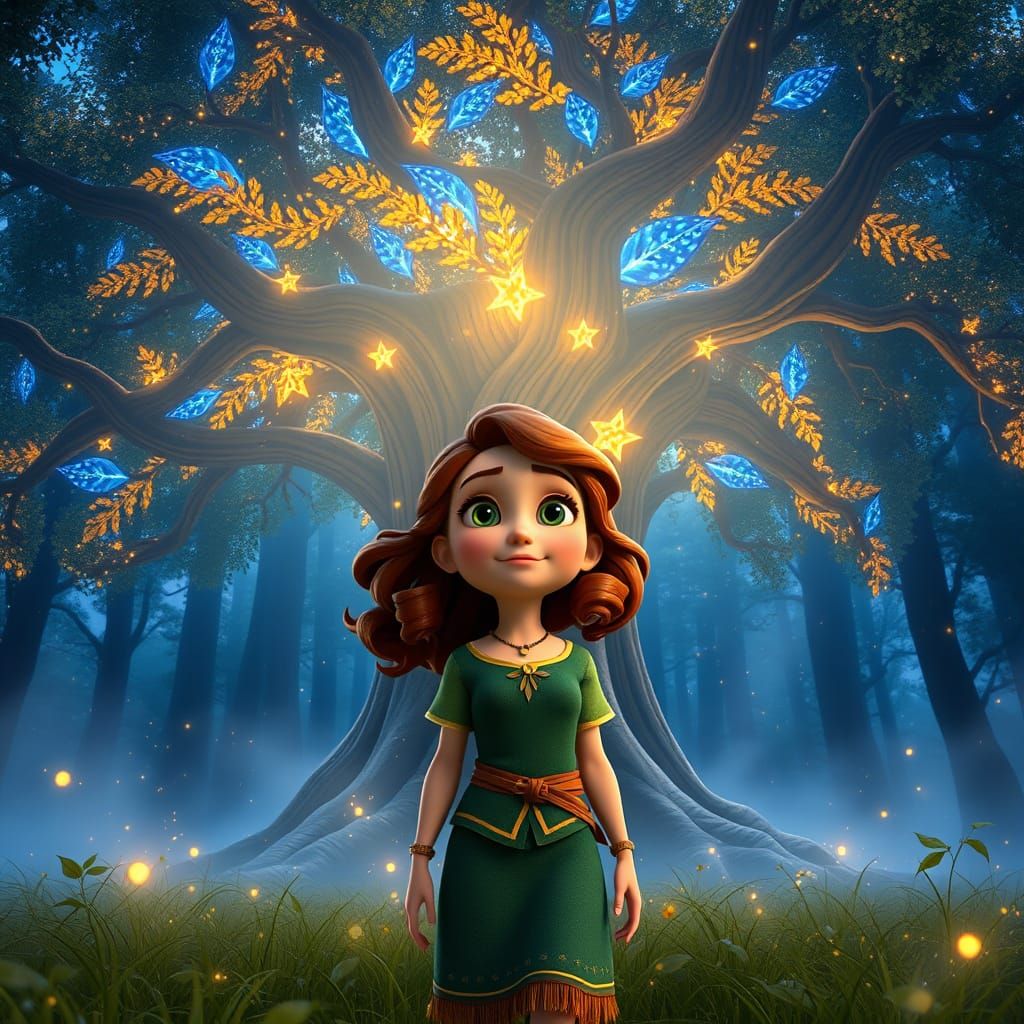 Disney Pixar Style Lina Before Glowing Tree of Wishes