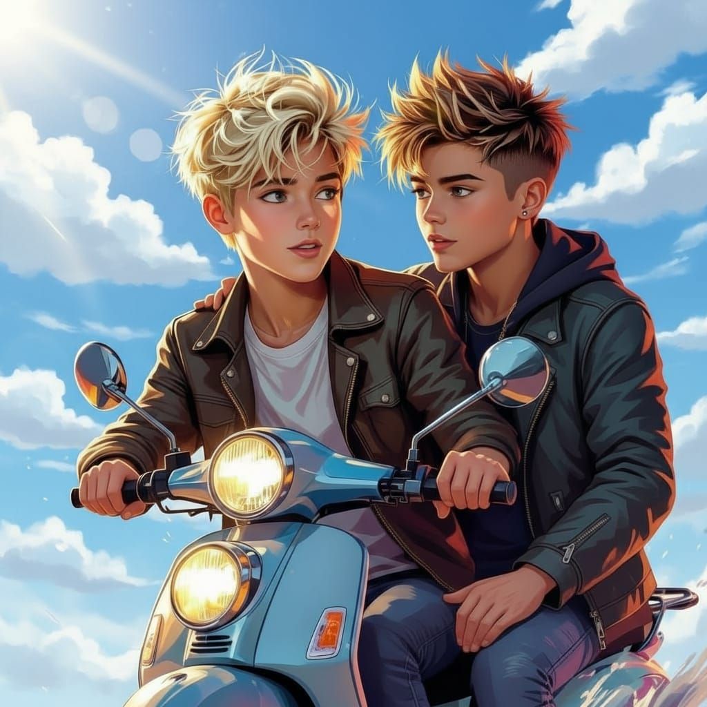 Teenage Boys Racing on Electric Scooter