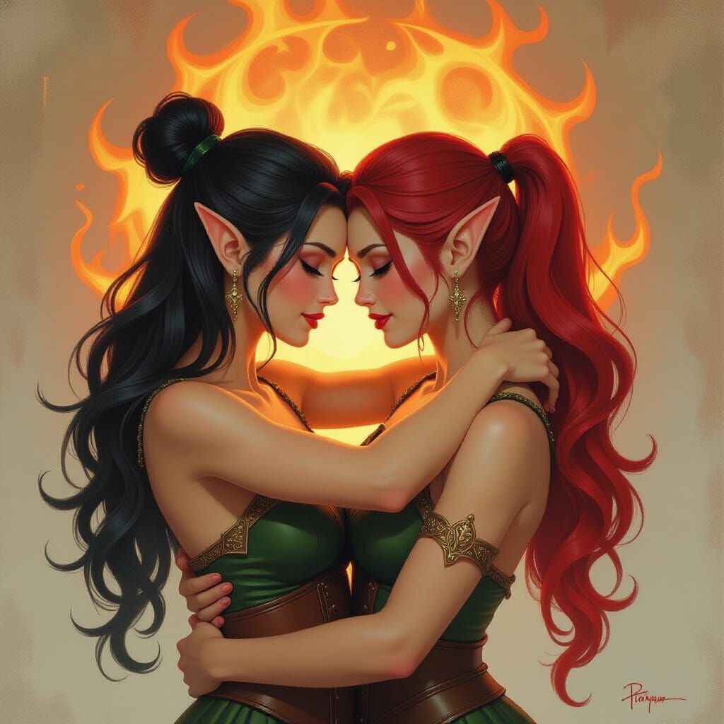 Elven Women Embrace in Fantasy Oil Painting